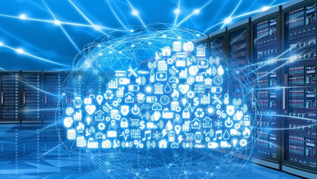 Cloud icon over server racks used by Novasys IT